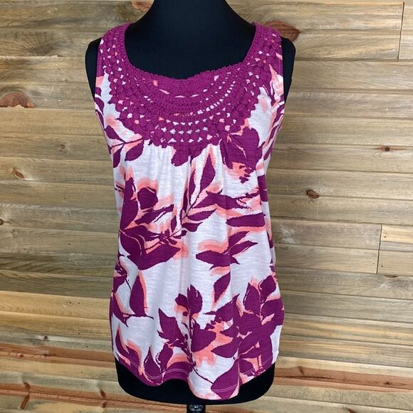 Sonoma Pink Floral Tank Crocheted Top Size Medium 0426 - Picture 2 of 6